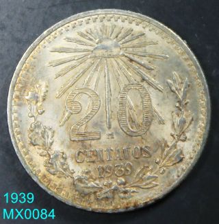 Mexico 20 Centavos 1939 - M Almost Uncirculated With Toning 72 Silver Coin