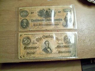 (1) $100 Confederate Paper Money 1862 & (1) $50.  00 - Both Are Marked Facsmile.