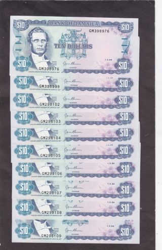 Jamaica 10 Dollars 1994 P - 71e Au/unc X 10
