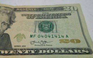 20 Dollar Bill Trinary Bill,  Repeater,  Serial Fancy 0 4 0 4 1 4 1 4