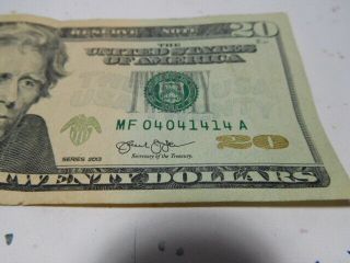 20 dollar bill TRINARY Bill,  repeater,  serial fancy 0 4 0 4 1 4 1 4 2
