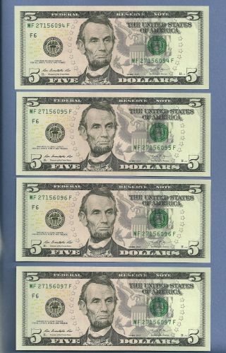 2013 $5 Dollar Bill Consecutive Set Of Four Uncirculated Notes Us Paper Money Us