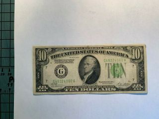 1928 - B Federal Reserve Note $10.  Light Green Seal.  " Redeemable In Gold "