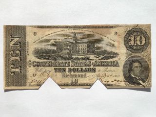1863 Confederate States Of America $10 Ten Dollar Bill Civil War Currency Note