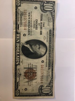 1929 Us $10 National Currency Note.  Bank Of Chicago.  Brown Seal.  G01137956a