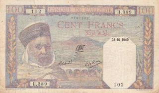 Banque De Algeria 100 Francs 1940 P - 85 Af,  El Mechouar Palace