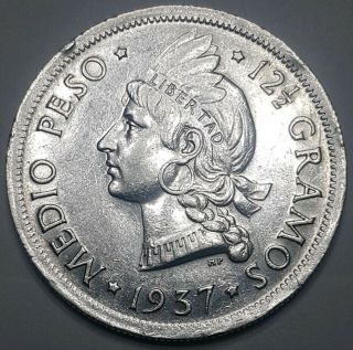 1937 Dominican Republic Silver 1/2 Half Peso.  Au - Unc Details,  Cleaned.  - Mi 237