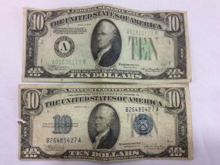 2 Old 1934 A $10 Federal Reserve,  1934 C Silver Certificate.
