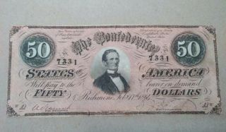 1864 Civil War Confederate $50.  00 Bill Richmond Va.  Good Cond
