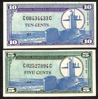 U.  S.  Vietnam Mpc 1969 - 1970 5 & 10 Cent Notes Series 681 Plates: 47 & 64 Unc