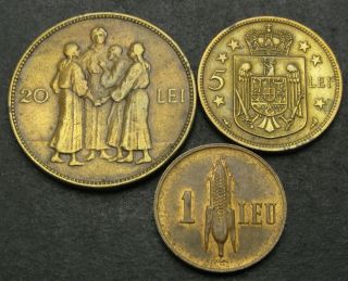 Romania 1,  5,  20 Lei 1930/1938 - Nickel/brass - 3 Coins.  - 2754