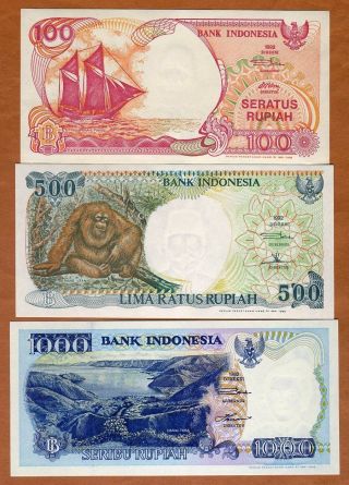 Set Indonesia,  100 - 500 - 1000 Rupiah,  1992,  P - 127 - 128 - 129 Unc