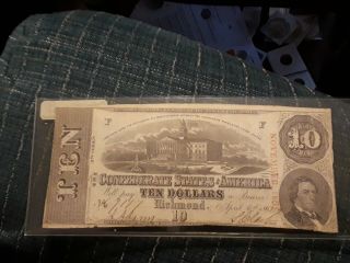 Civil War Confederate 1863 10 Dollar Bill Richmond Virginia Bold Signatures Vf