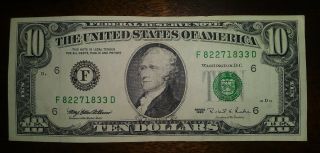 1995 $10 Dollar Bill Federal Reserve Bank Of Atlanta F82271833d