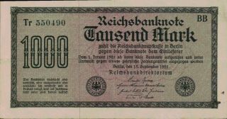 1923 Germany Weimar Republic Hyper Inflation 1000 Mark Banknote