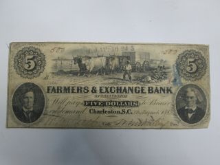 1853 Charleston Sc Farmers & Exchange Bank 5 Dollar Large Note