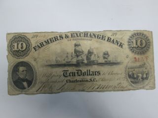 1853 Charleston Sc Farmers & Exchange Bank 10 Dollar Large Note