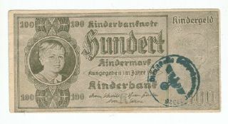 German Banknote 100 Kindermark With Third Reich Stamped