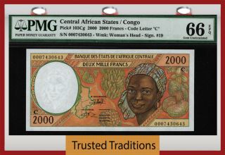 Tt Pk 103cg Central African States Congo 2000 Francs Pmg 66 Epq Gem Uncirculated