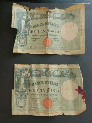 2 Very Circulated Older Italy 50 Lire Notes