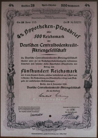 500 Reichsmark 1941 Treasury Bond Of Germany - Series: 53271