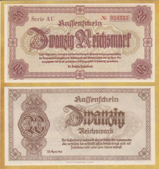 Sudetenland & Lower Silesia 20 Reichsmark 1945 Unc P - 187 Germany German Reich