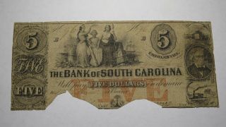 $5 1852 Charleston South Carolina Sc Obsolete Currency Bank Note Bill The Bank