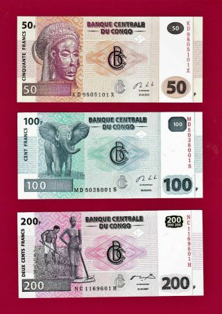 Set Of Three 2013 Congo Notes: 50 Francs (p - 97),  100 Fr (p - 98) & 200 Fr (p - 99)