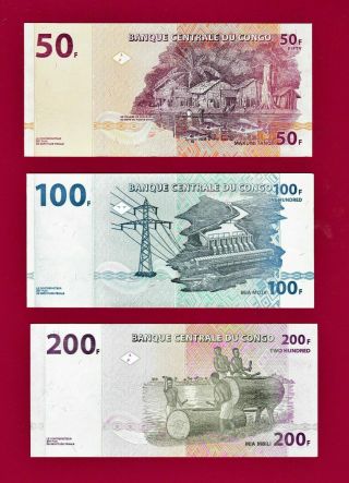 Set of THREE 2013 CONGO NOTES: 50 Francs (P - 97),  100 Fr (P - 98) & 200 Fr (P - 99) 2