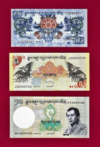 3 Bhutan Unc Notes:1 Ngultrum (p27),  5 Ngultrum (p28),  & 10 Ngultrum (p - 29) 2006