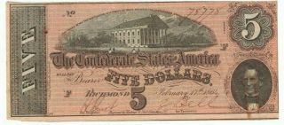 1864 Confederate States Csa $5 Five Dollar Richmond Va Series 6 Note Hconf78778