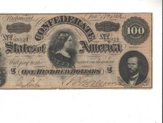 Csa Confederate One Hundred $100 Dollar Note Currency 1864 Bill