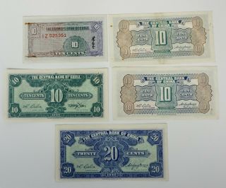 1930 ' s 40 ' s Central Bank of China 10 & 20 Cent Notes (5) Notes total 2