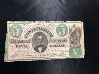 T - 33 1861 $5 Five Dollars Csa Confederate States Of America