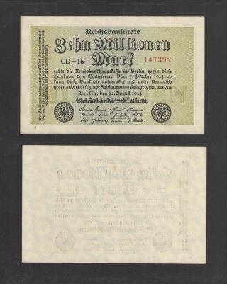 German Currency Reichsbanknote Berlin 10 Millionen Mark Pick 106b Aunc