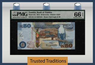 Tt Pk 53a 2012 Zambia Bank Of Zambia 50 Kwacha " Fish & Eagle " Pmg 66 Epq Gem