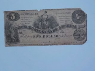 Civil War Confederate 1861 5 Dollar Bill Richmond Virginia Paper Money Csa Note