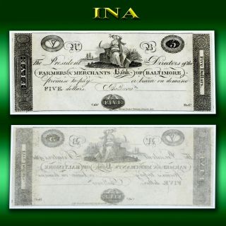 Maryland Farmers & Merchants Bank Of Baltimore $5 Obsolete Note Gem Unc