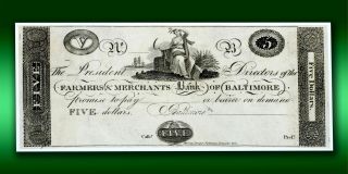Maryland Farmers & Merchants Bank of Baltimore $5 Obsolete Note Gem Unc 2