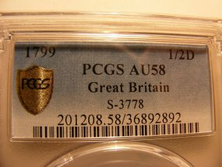 Great Britain 1799 1/2 Penny,  Km 647,  Pcgs Au - 58,  9 Gun Ports Variety