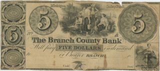 1800s $5 Michigan Safety Fund The Branch County Bank Obsolete Currency Bank Note