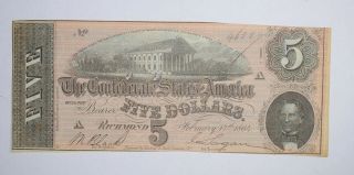 Civil War 1864 $5.  00 Confederate States Horse Blanket Note 675
