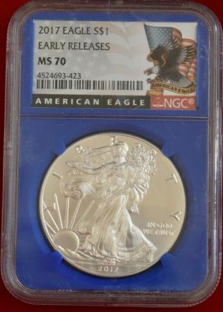 2017 Silver American Eagle Early Release Ngc Ms70 Blue Slab - 423 -