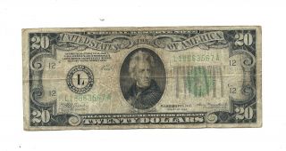 1934 - Twenty Dollar ($20.  00) Federal Reserve Note - Green Seal - " Very Good "