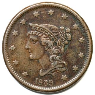 1839 N - 8 Petite Head Braided Hair Large Cent Coin 1c