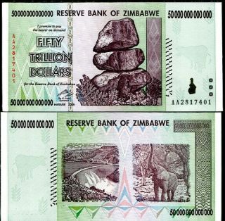 Zimbabwe 50 Trillion Dollars 2008 Aa P 90 Unc Nr