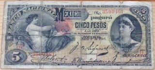 Banco Nacional De Mexico 5 Pesos March 1,  1910 Scarce Pre - Revolution Note