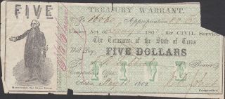 Texas Five Dollar 1862 Treasury Warrant