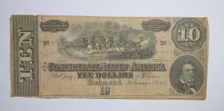 Civil War 1864 $10.  00 Confederate States Horse Blanket Note 693