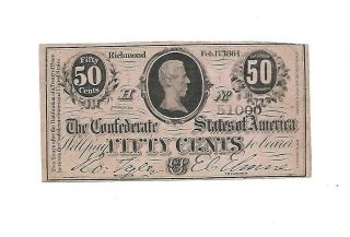 Orig.  1864 Confederate " 50 Cents " Note Unc Look
